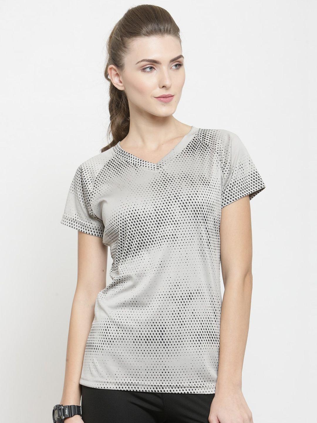boston club women beige printed v-neck dri-fit pockets t-shirt