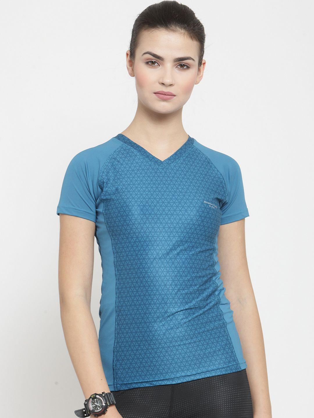 boston club women blue printed v-neck t-shirt