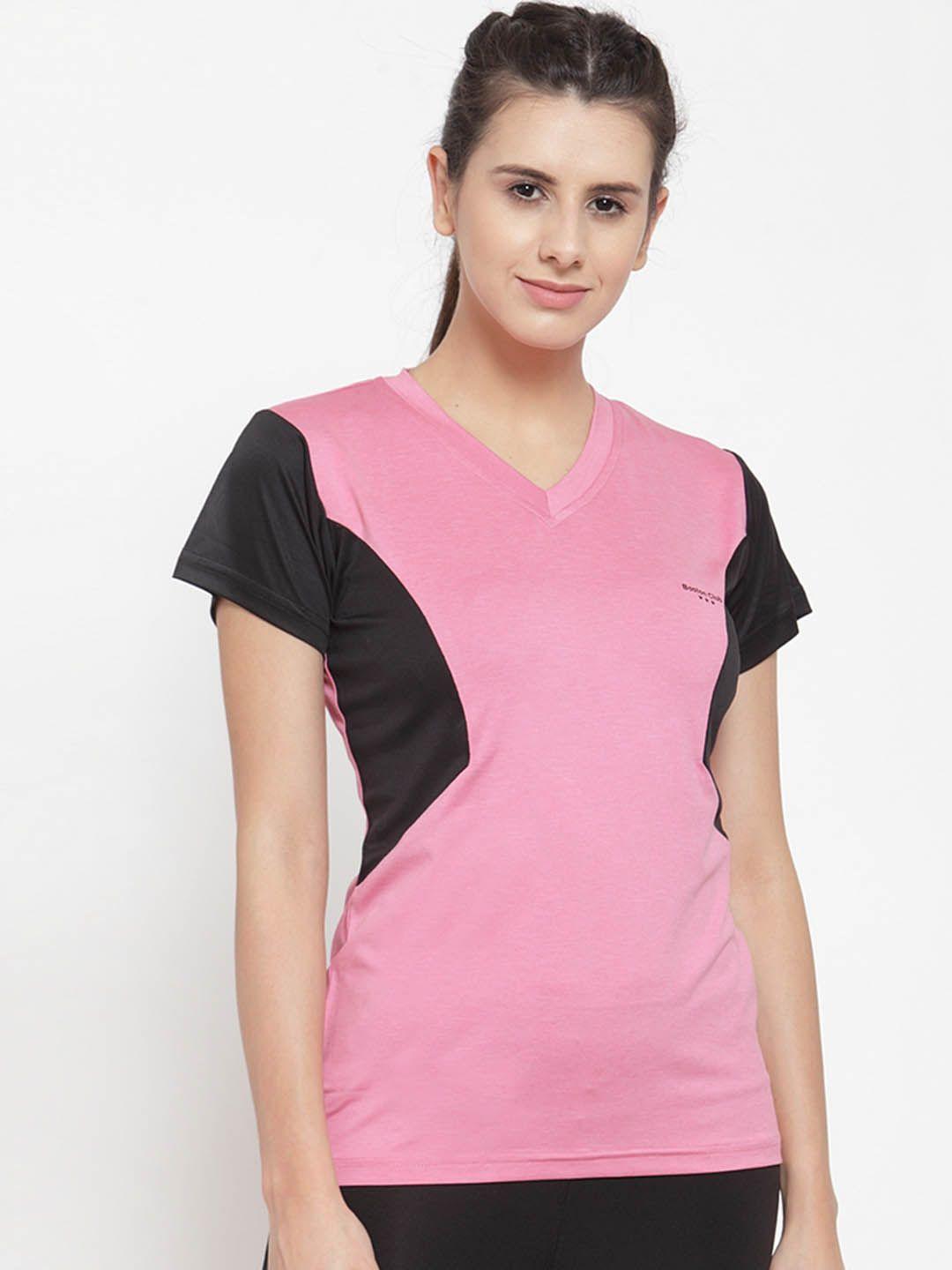 boston club women pink & black colourblocked v-neck t-shirt