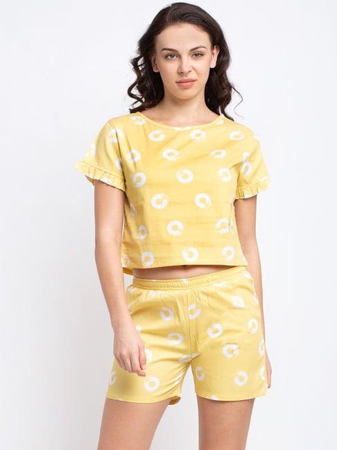 boston club yellow printed crop top with shorts