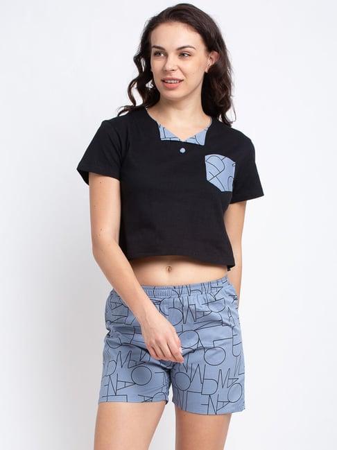 boston club black & blue printed crop top with shorts