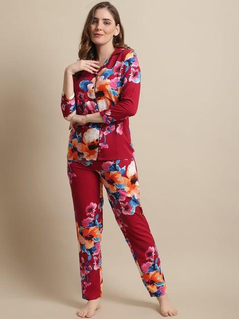 boston club maroon floral print shirt pyjama set