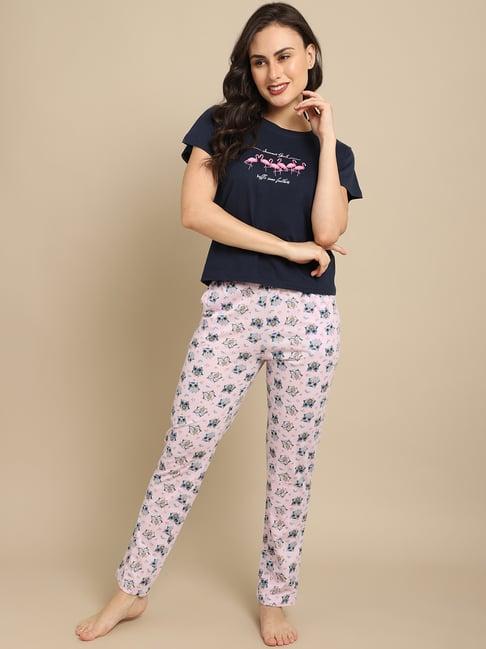 boston club navy & light pink printed t-shirt with pyjamas