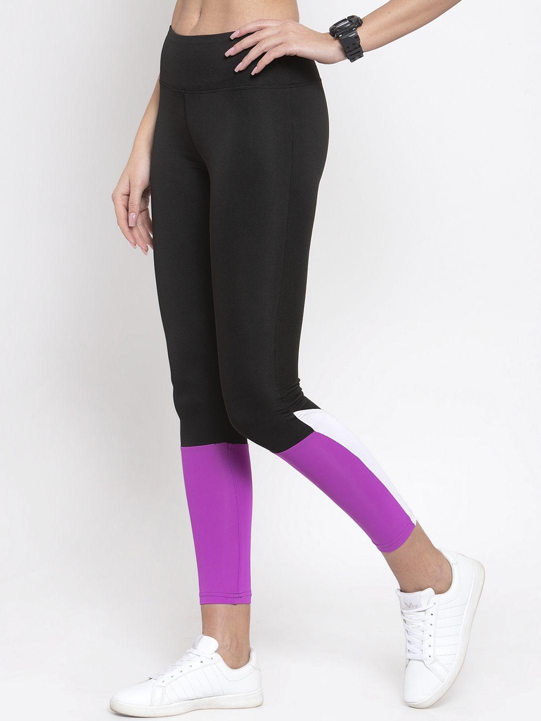boston club women black & purple colourblocked skinny-fit cropped tights