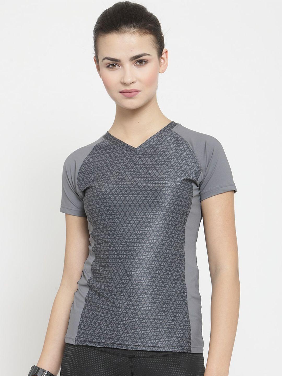 boston club women grey printed v-neck dri-fit pockets t-shirt
