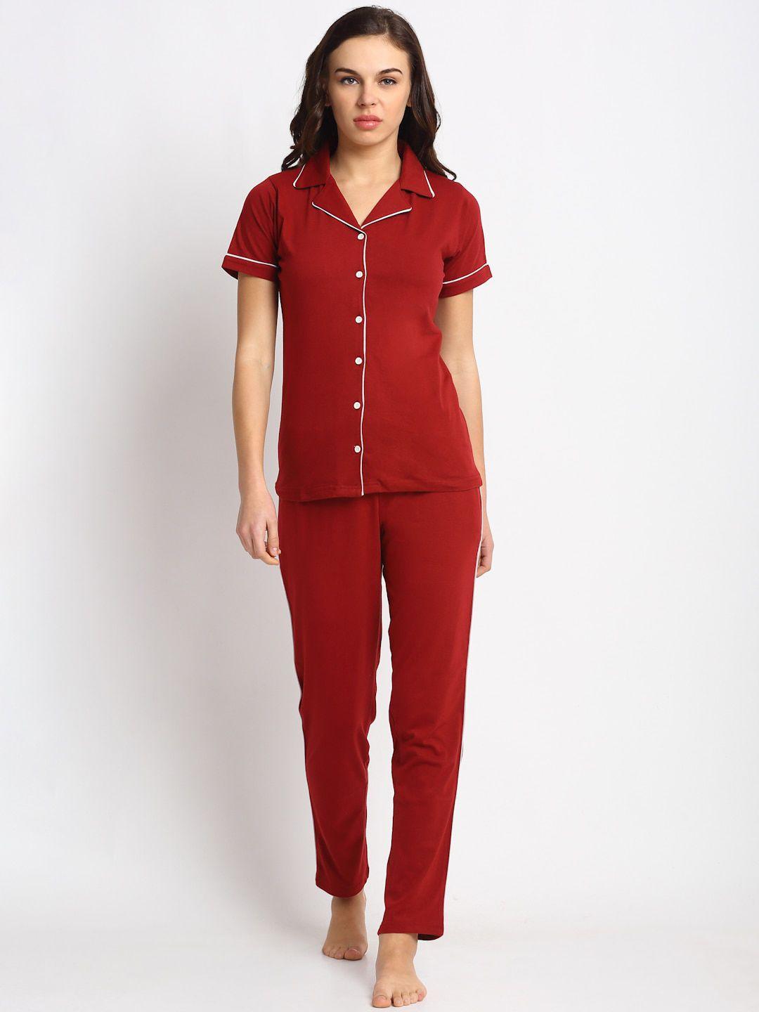 boston club women maroon & white pure cotton night suit