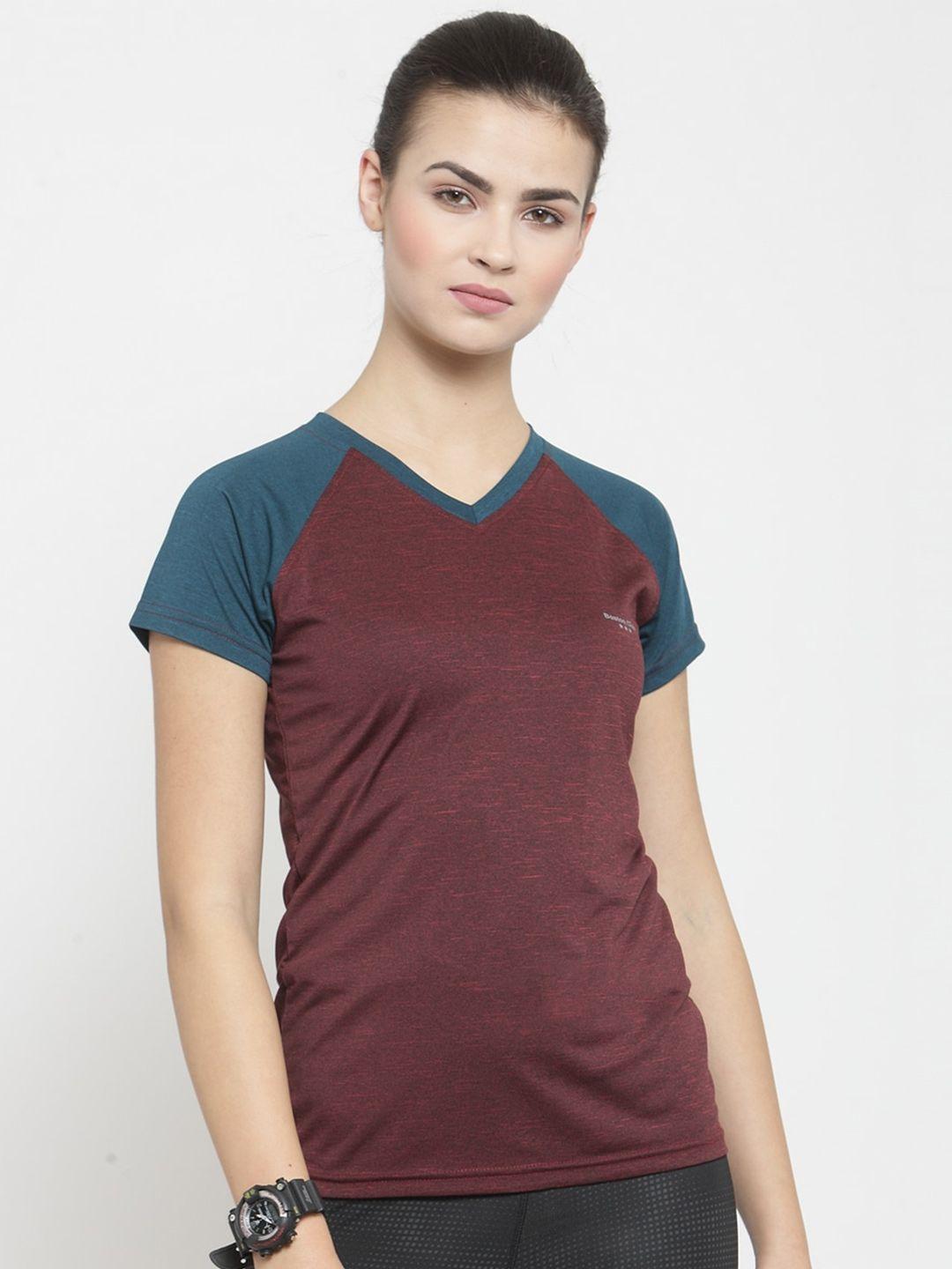 boston club women maroon colourblocked v-neck dri-fit pockets t-shirt