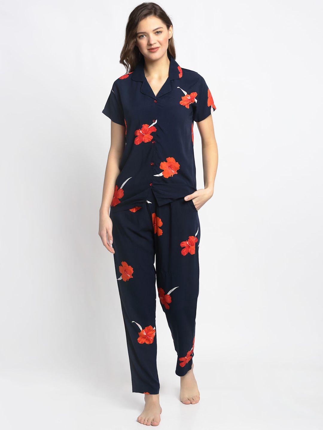 boston club women navy blue & orange floral print night suit