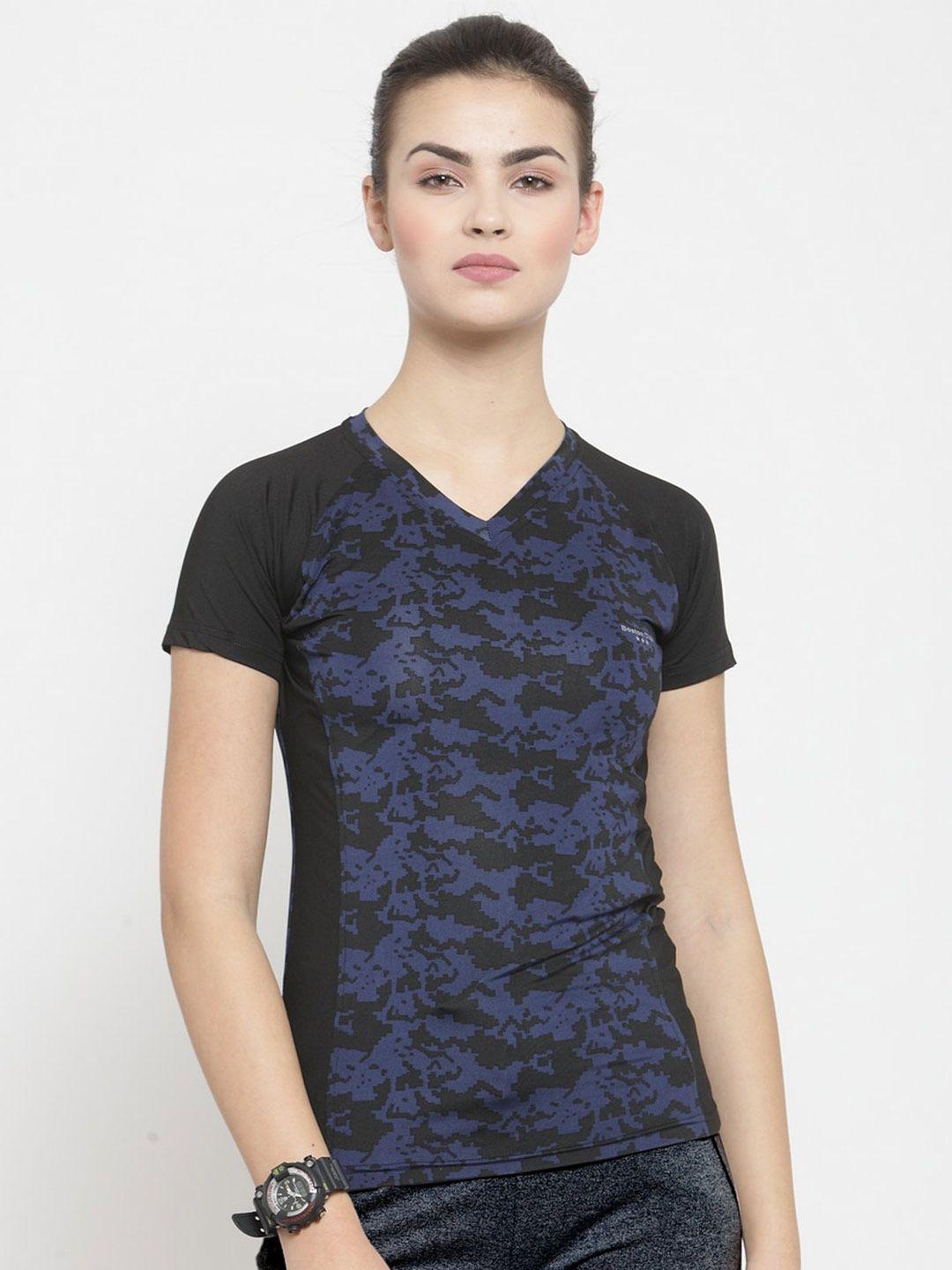 boston club women navy blue floral printed v-neck dri-fit pockets t-shirt