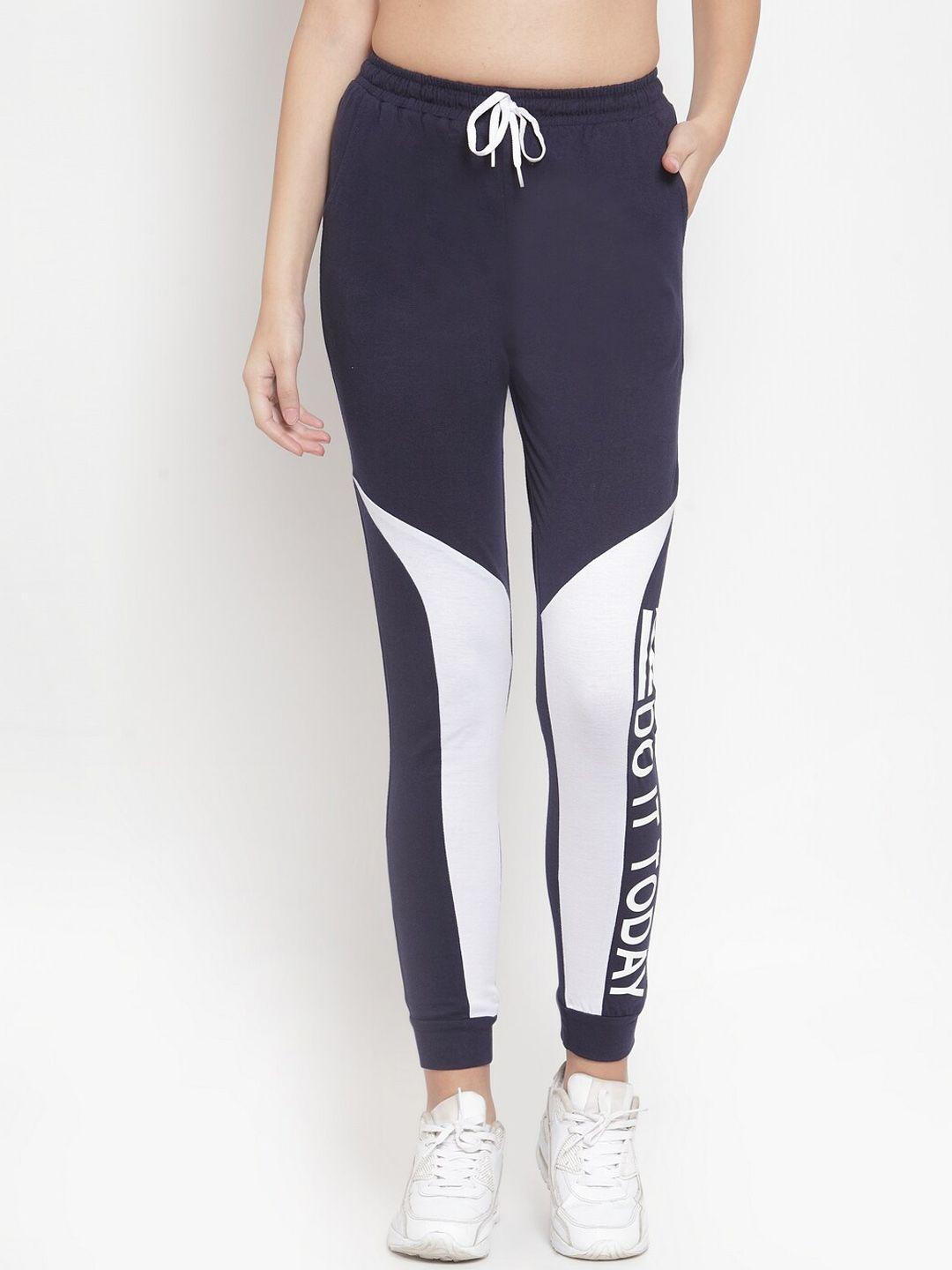 boston club women navy blue printed cotton running track pants