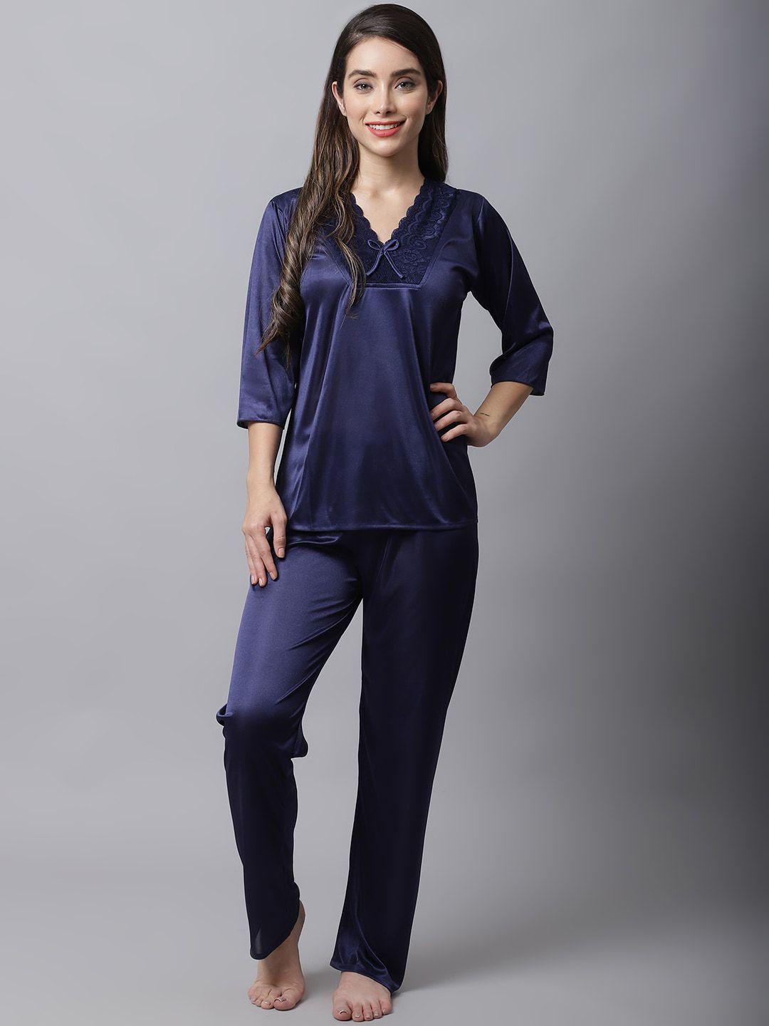 boston club women navy blue solid night suit