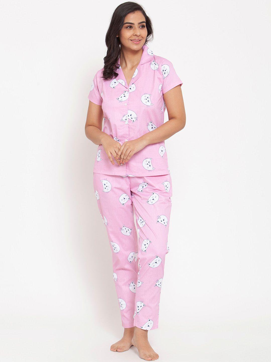 boston club women pink & white printed cotton night suit