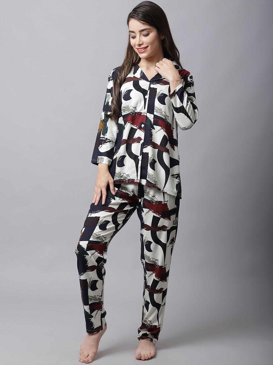 boston club women red & cream printed viscose rayon night suit