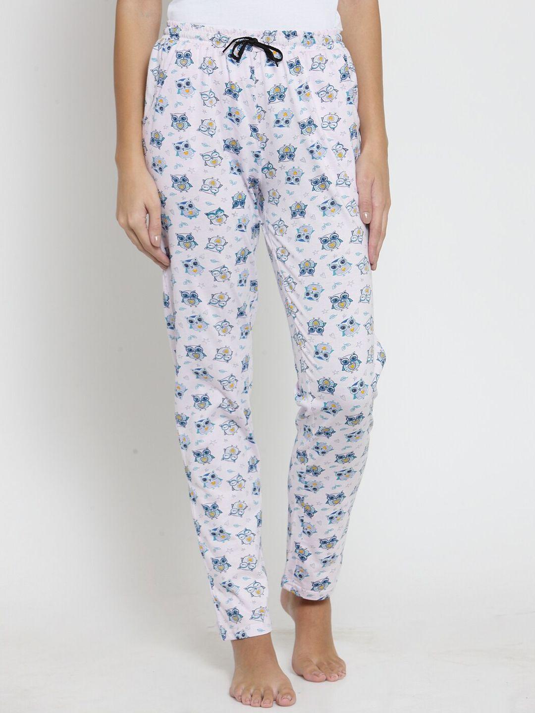 boston club women white & blue printed pure cotton lounge pant