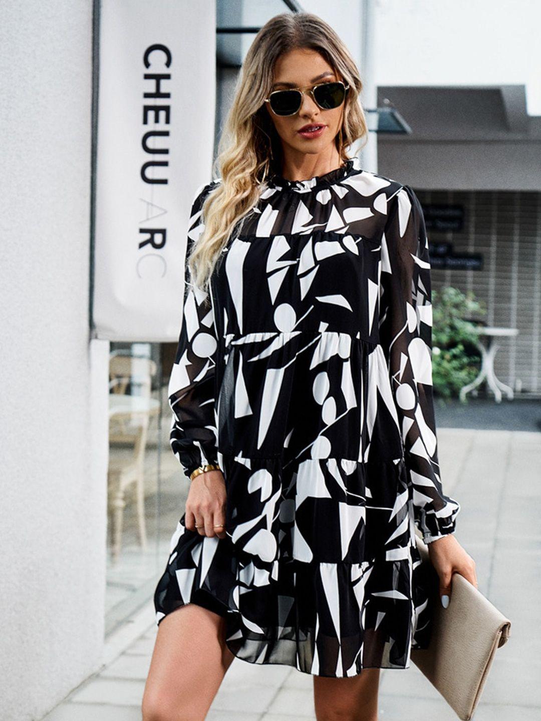 bostreet black & white abstract printed puff sleeves pleated casual a-line dress