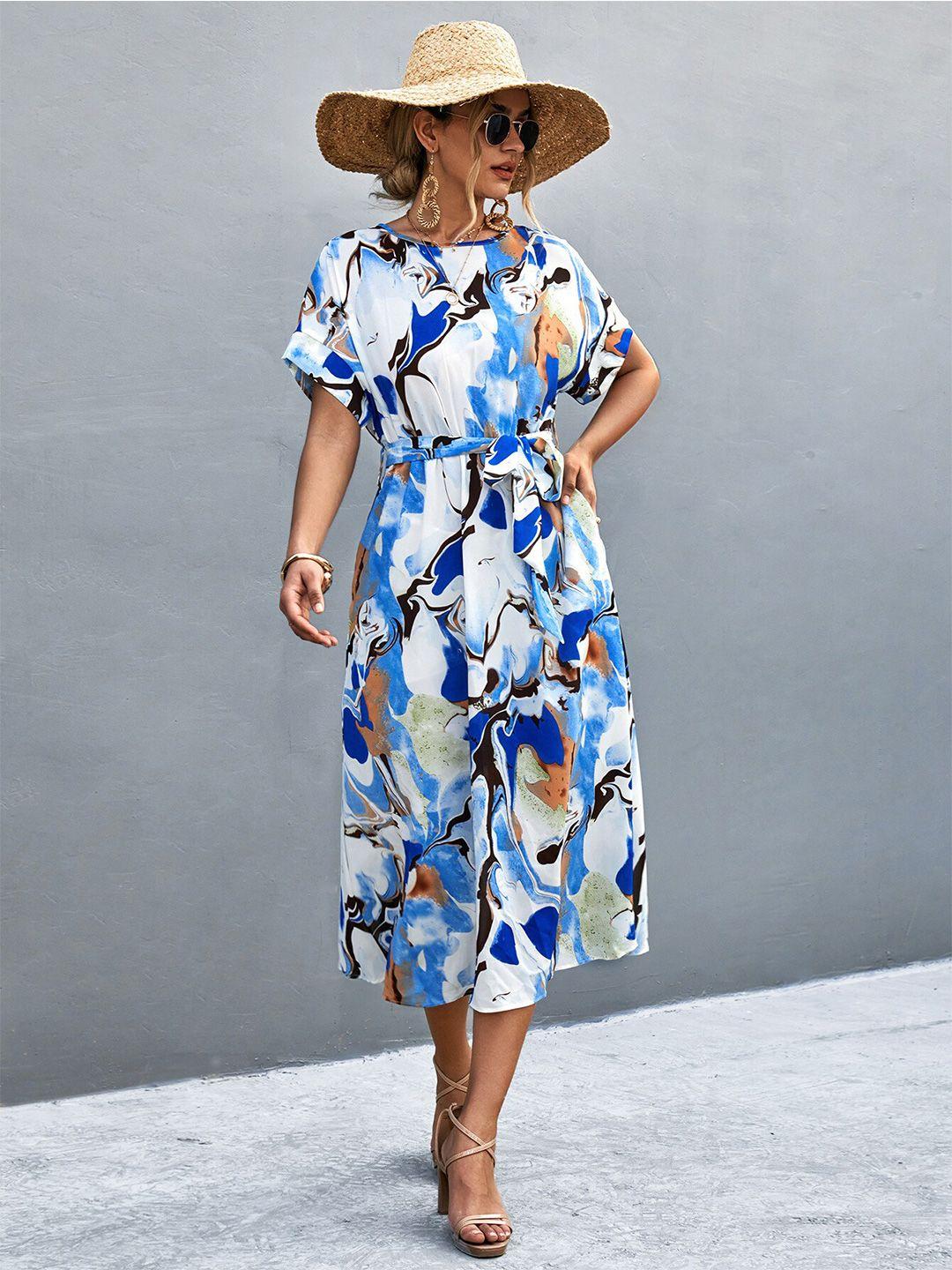 bostreet blue floral print shirt midi dress