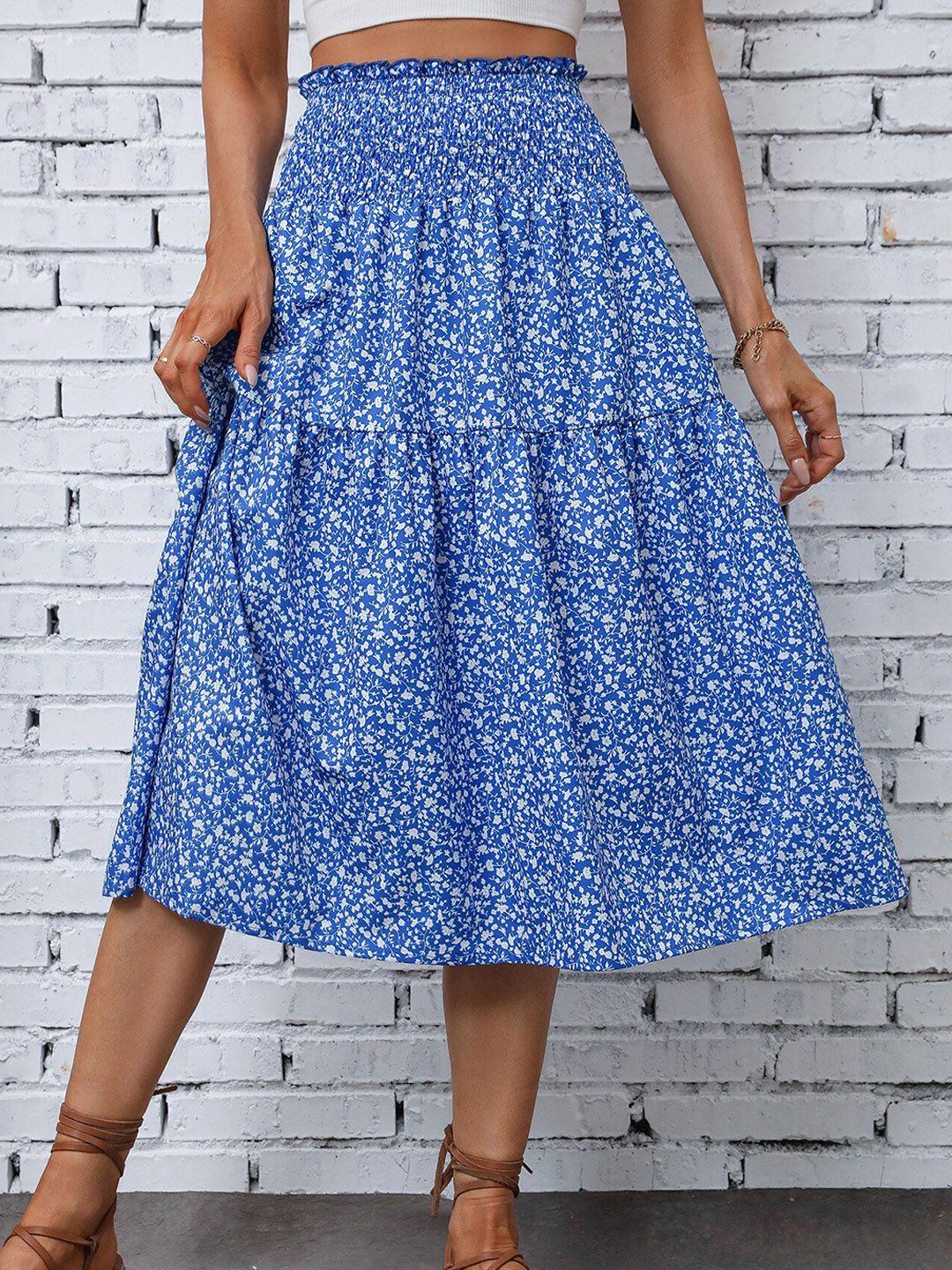 bostreet blue floral printed tiered midi skirt