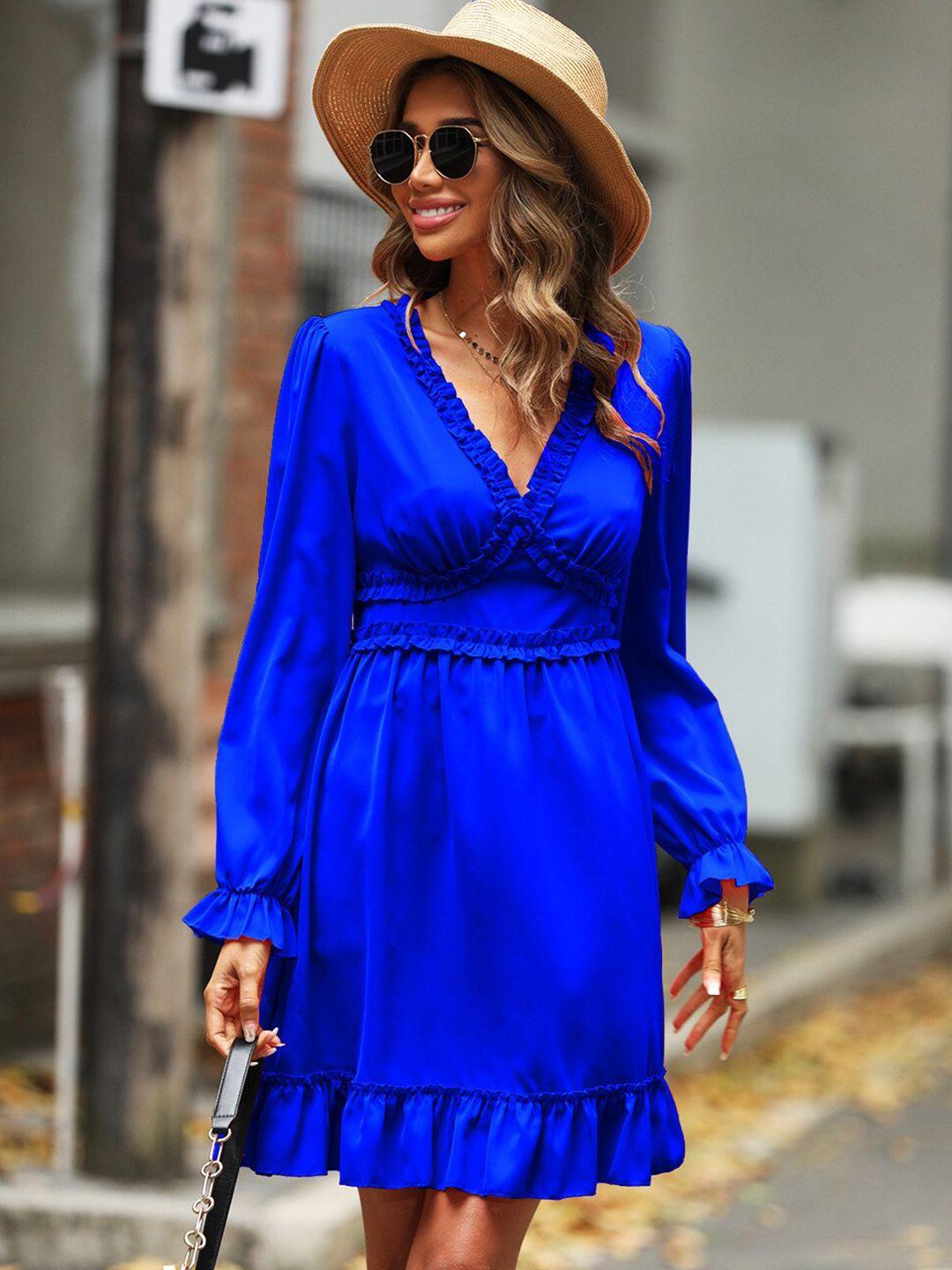 bostreet blue v-neck puff sleeves gathered detailed fit & flare dress