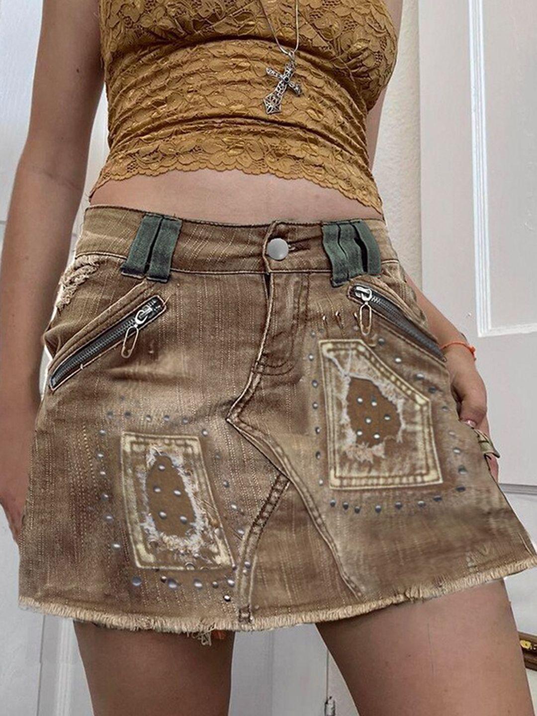 bostreet brown self design mini pencil skirt