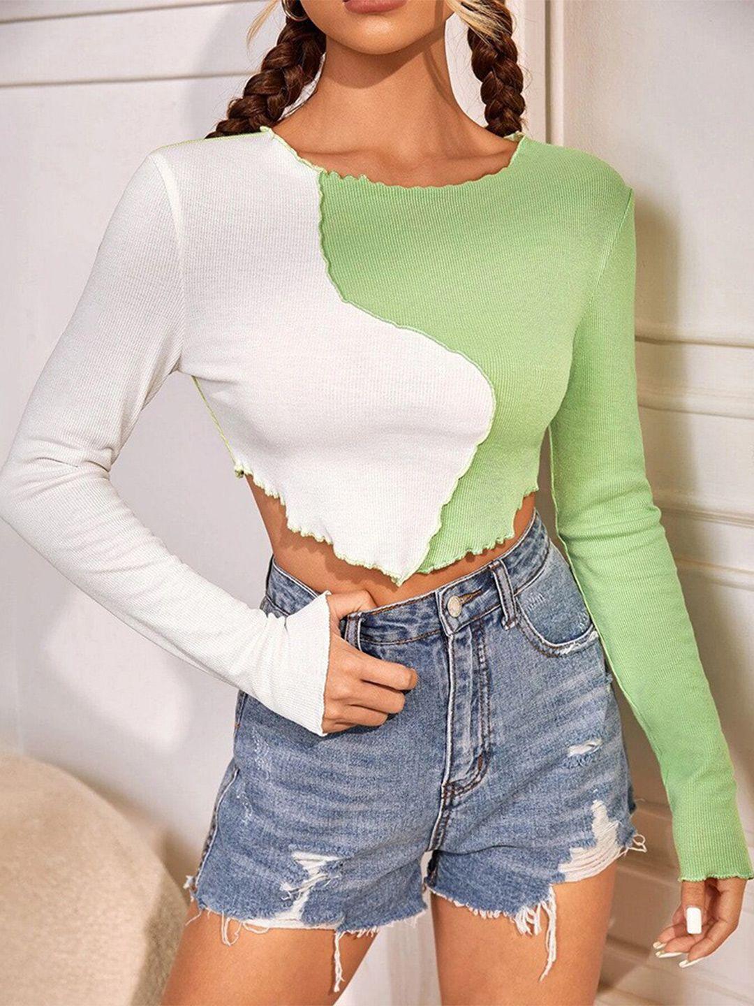 bostreet colourblocked round neck fitted crop top