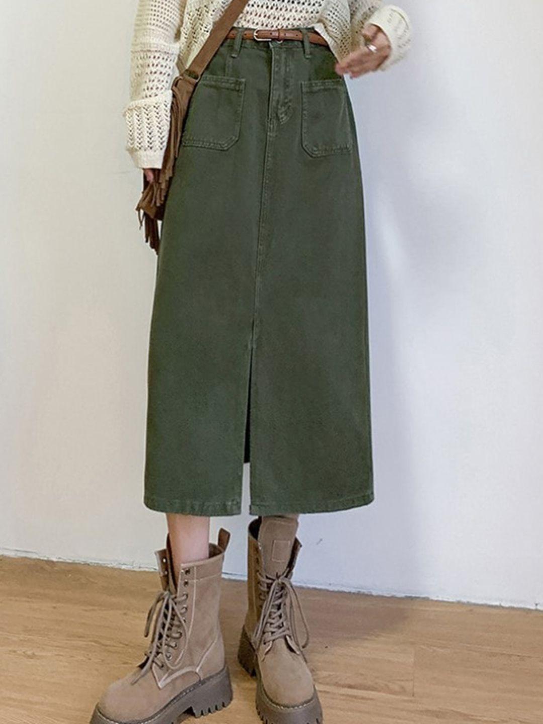 bostreet green front slit pocket detailing a-line midi skirt