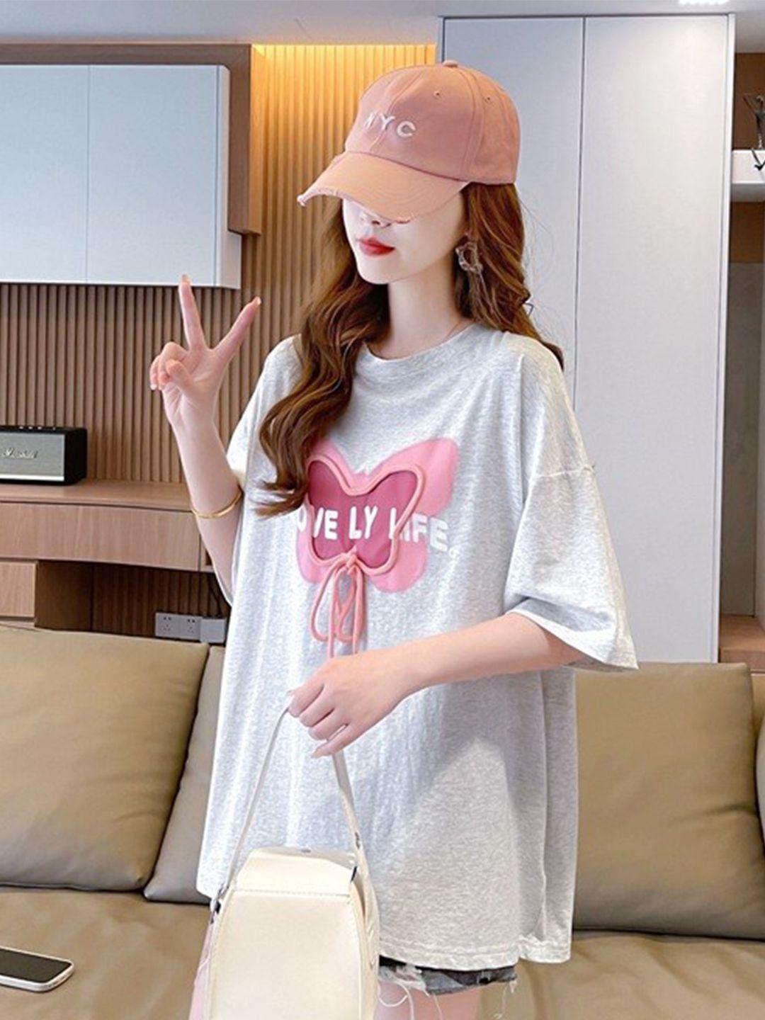 bostreet grey & pink typography printed drop-shoulder sleeves pure cotton t-shirt
