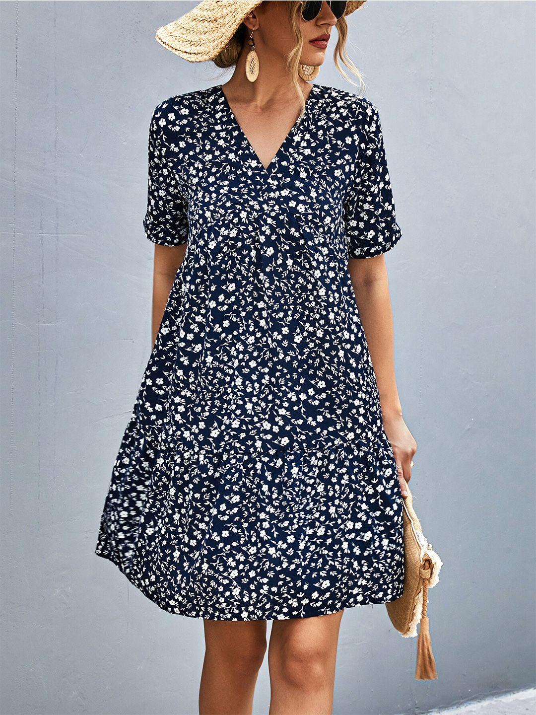 bostreet navy blue floral print a-line dress
