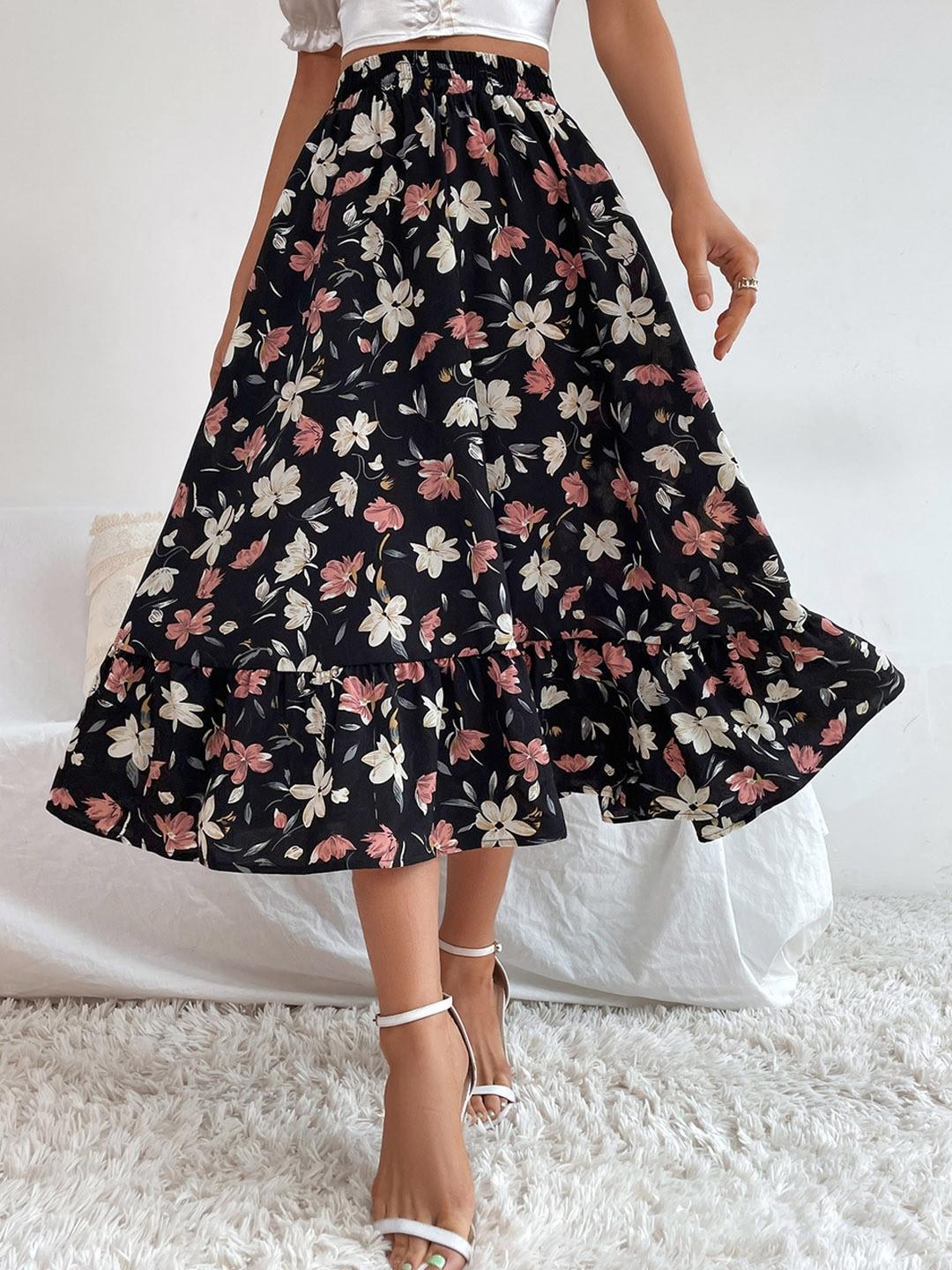 bostreet women floral printed flared midi skirt