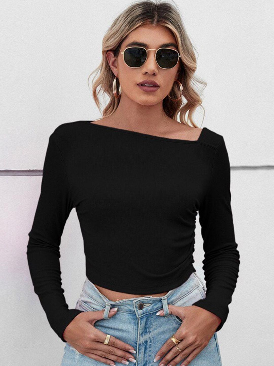 bostreet asymmetrical neck long sleeves fitted crop top