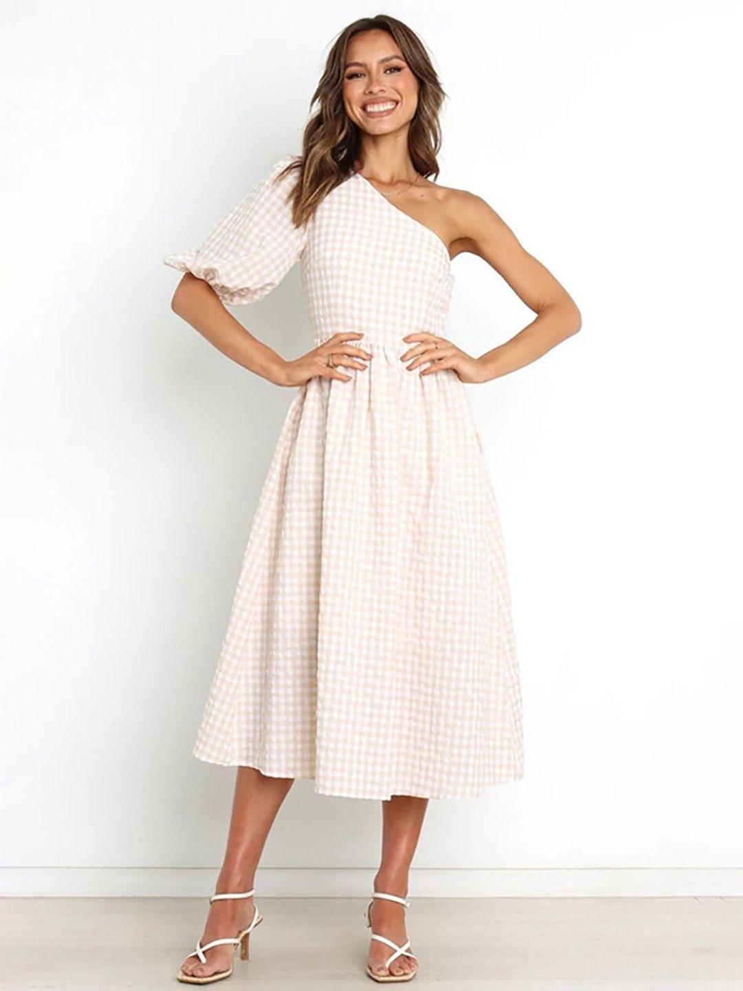 bostreet beige checked one shoulder midi dress