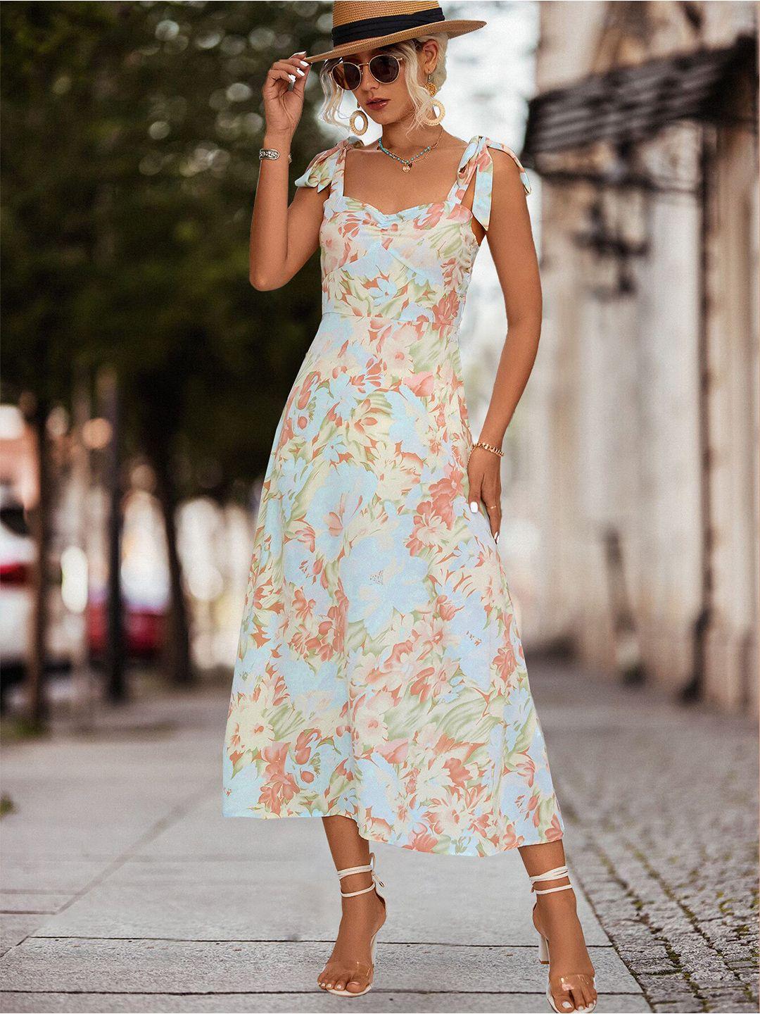 bostreet beige floral print fit & flare midi dress