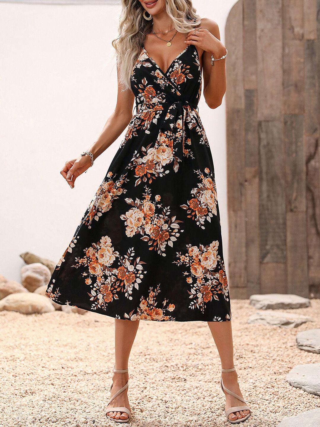 bostreet black floral print layered fit & flare midi dress