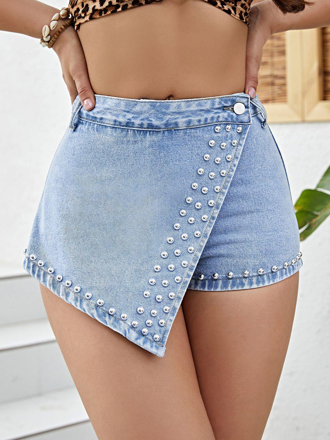 bostreet blue embellished mini denim skorts