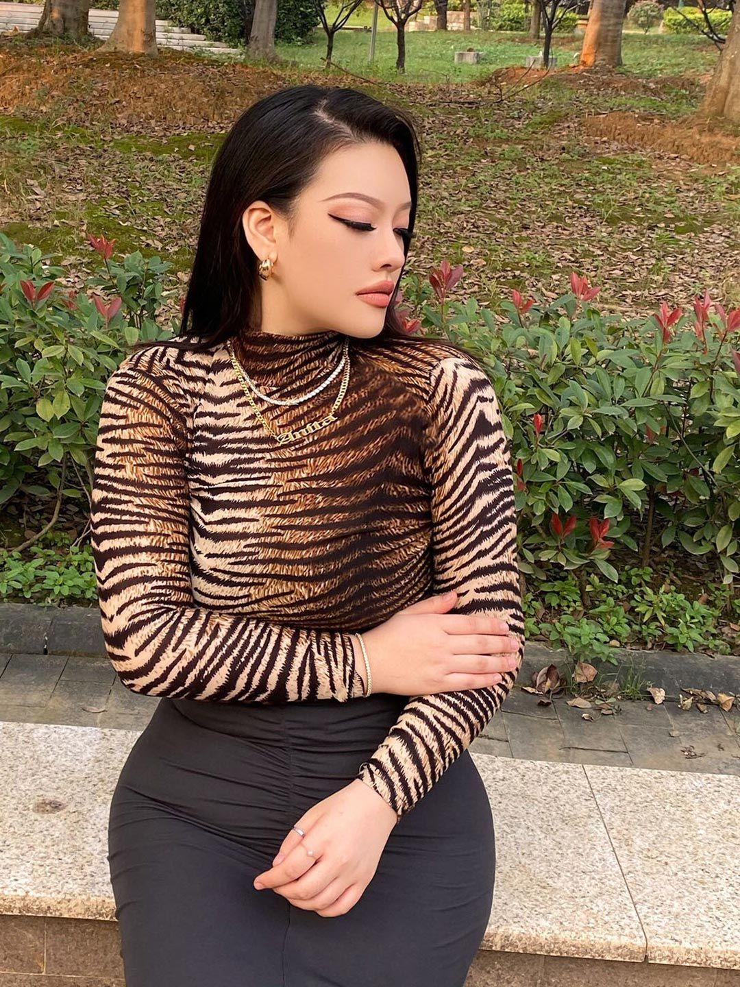 bostreet brown animal print top