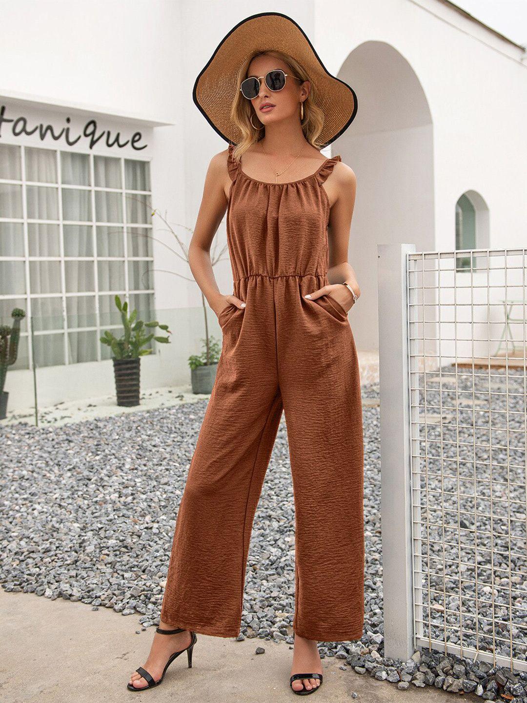 bostreet brown basic jumpsuit with ruffles