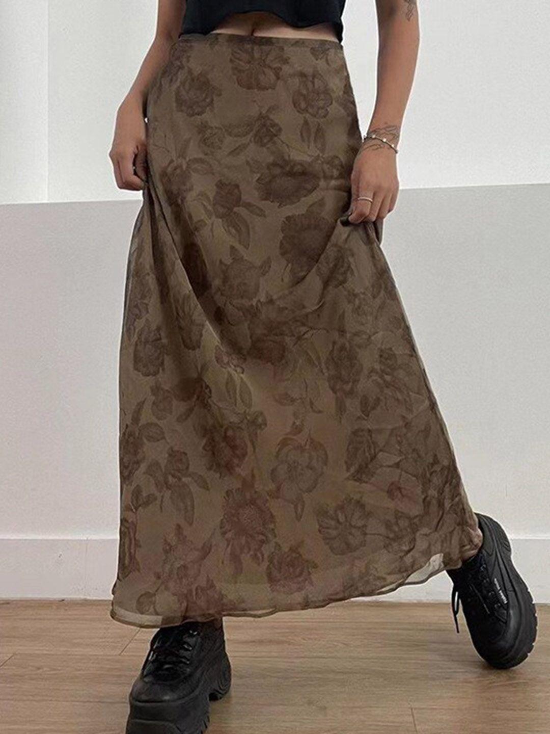 bostreet brown floral printed a-line maxi skirt