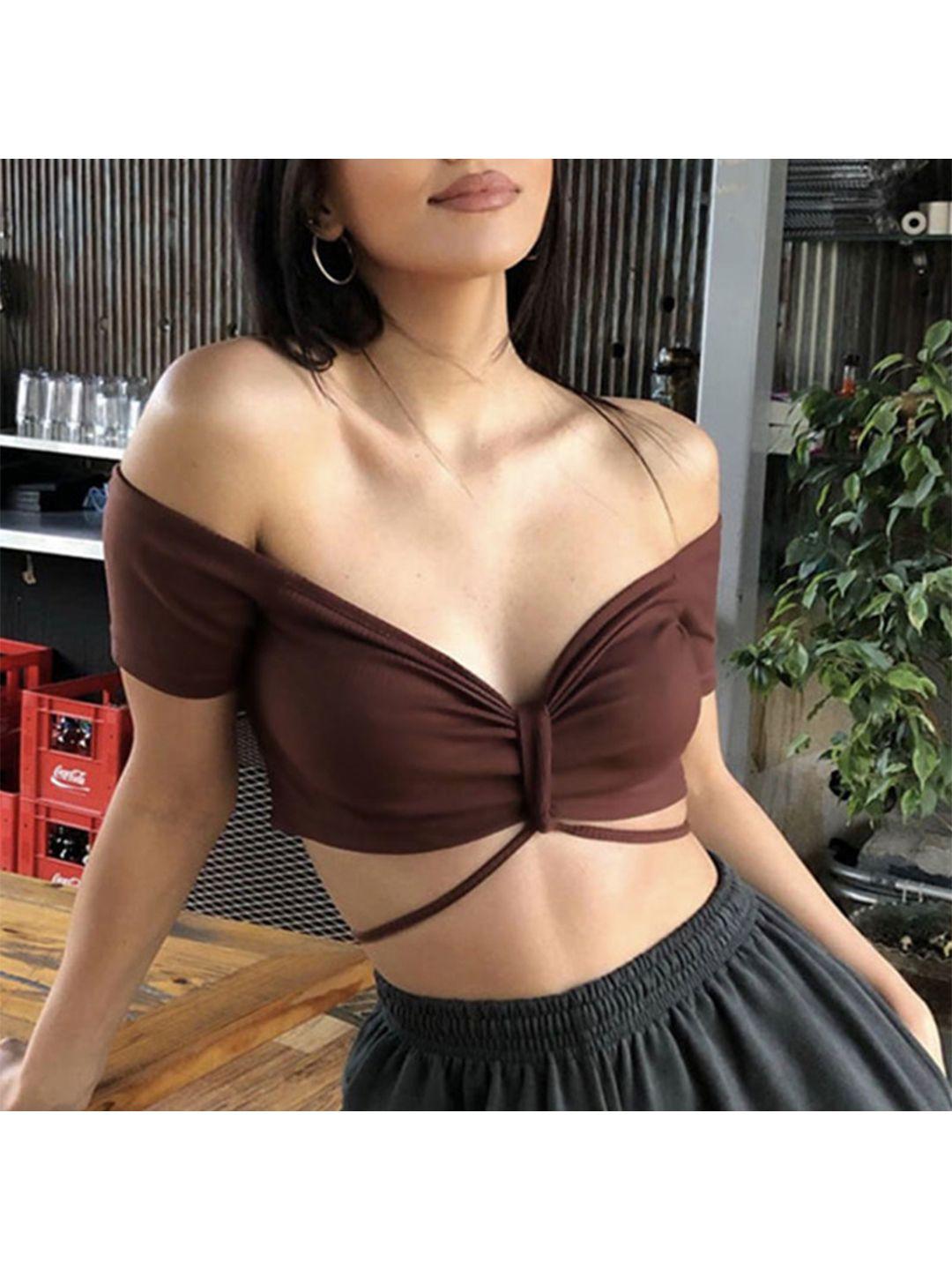 bostreet brown off shoulder fitted crop top