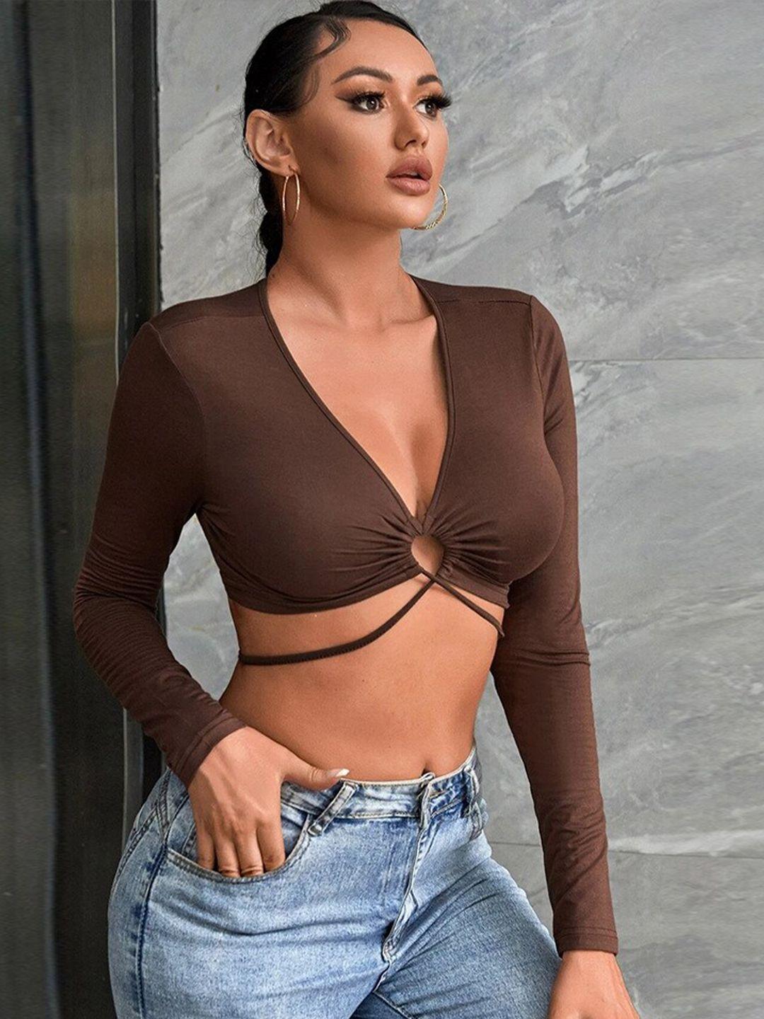 bostreet brown v-neck crop top