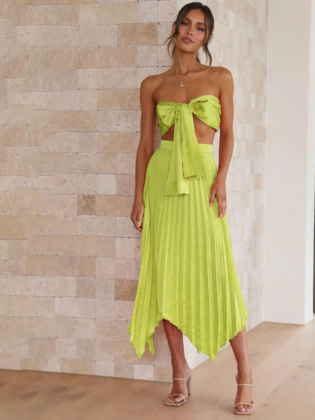 bostreet fluorescent green tie-up top and accordion pleated asymmetrical skirt