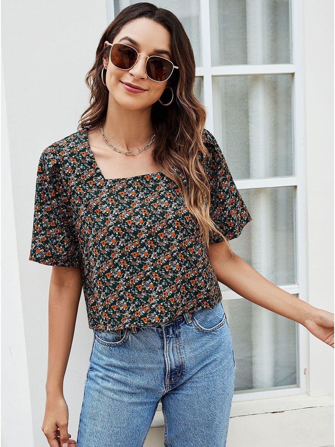 bostreet green & orange floral print boxy top