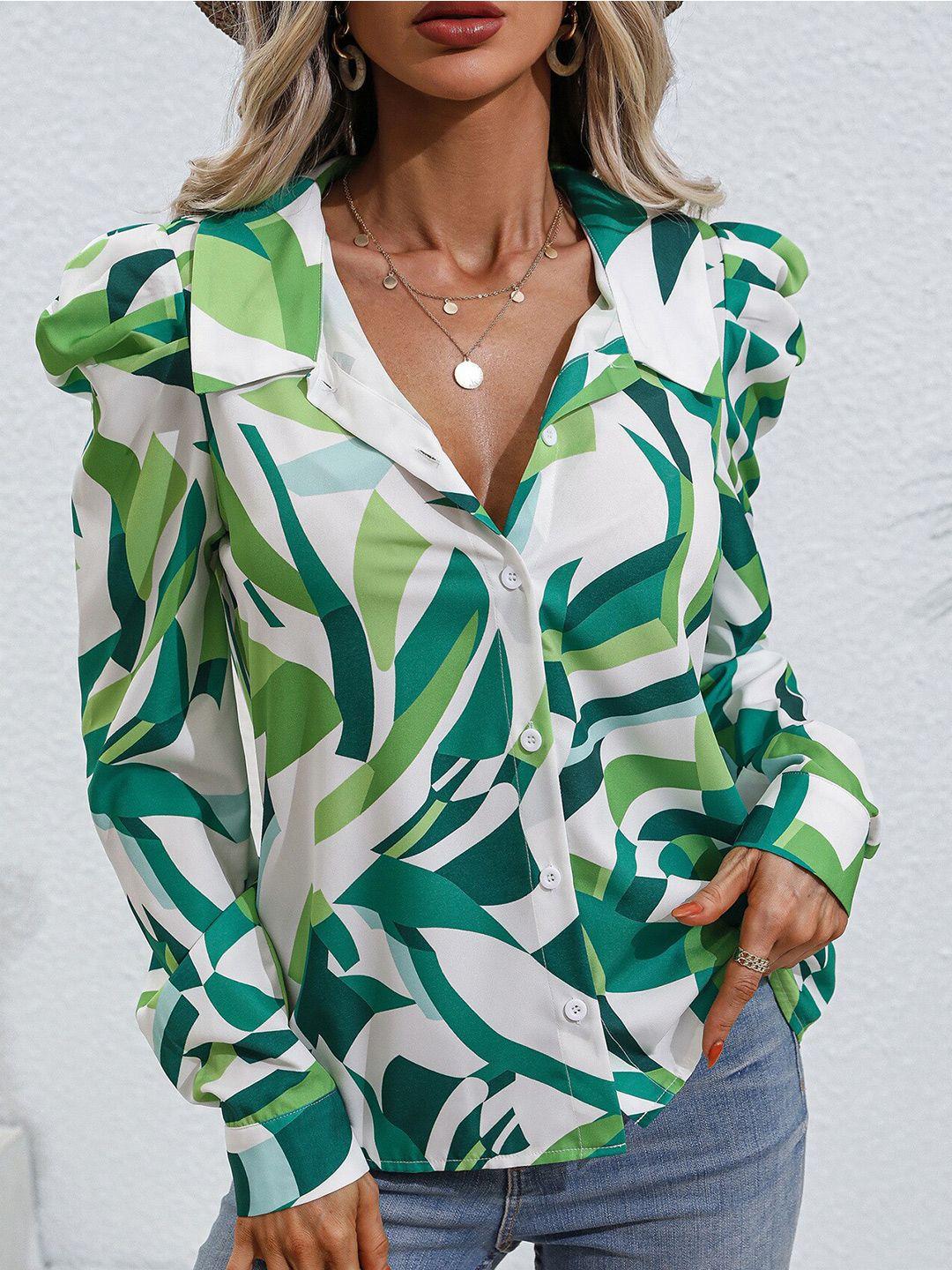 bostreet green abstract printed puff sleeve shirt style top