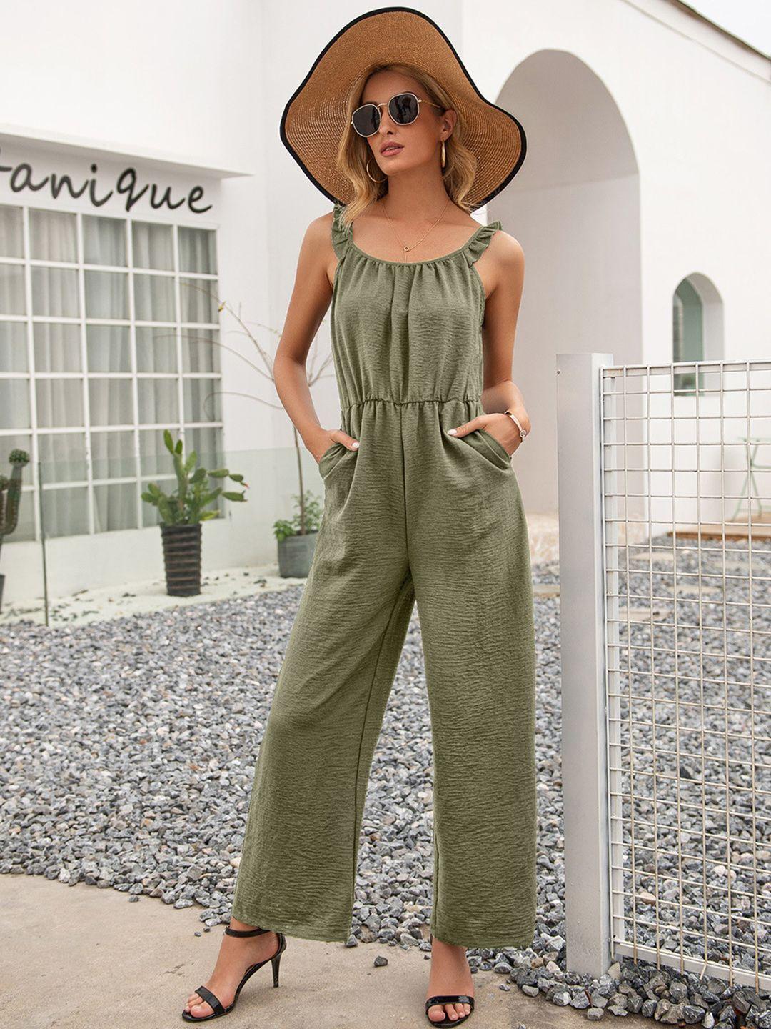 bostreet green basic jumpsuit with ruffles