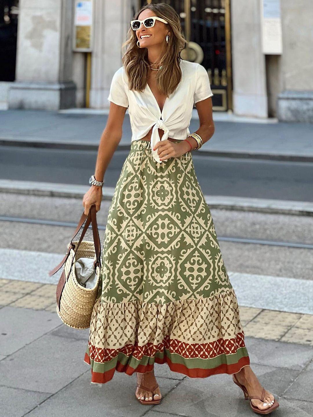 bostreet green ethnic printed flared maxi skirt