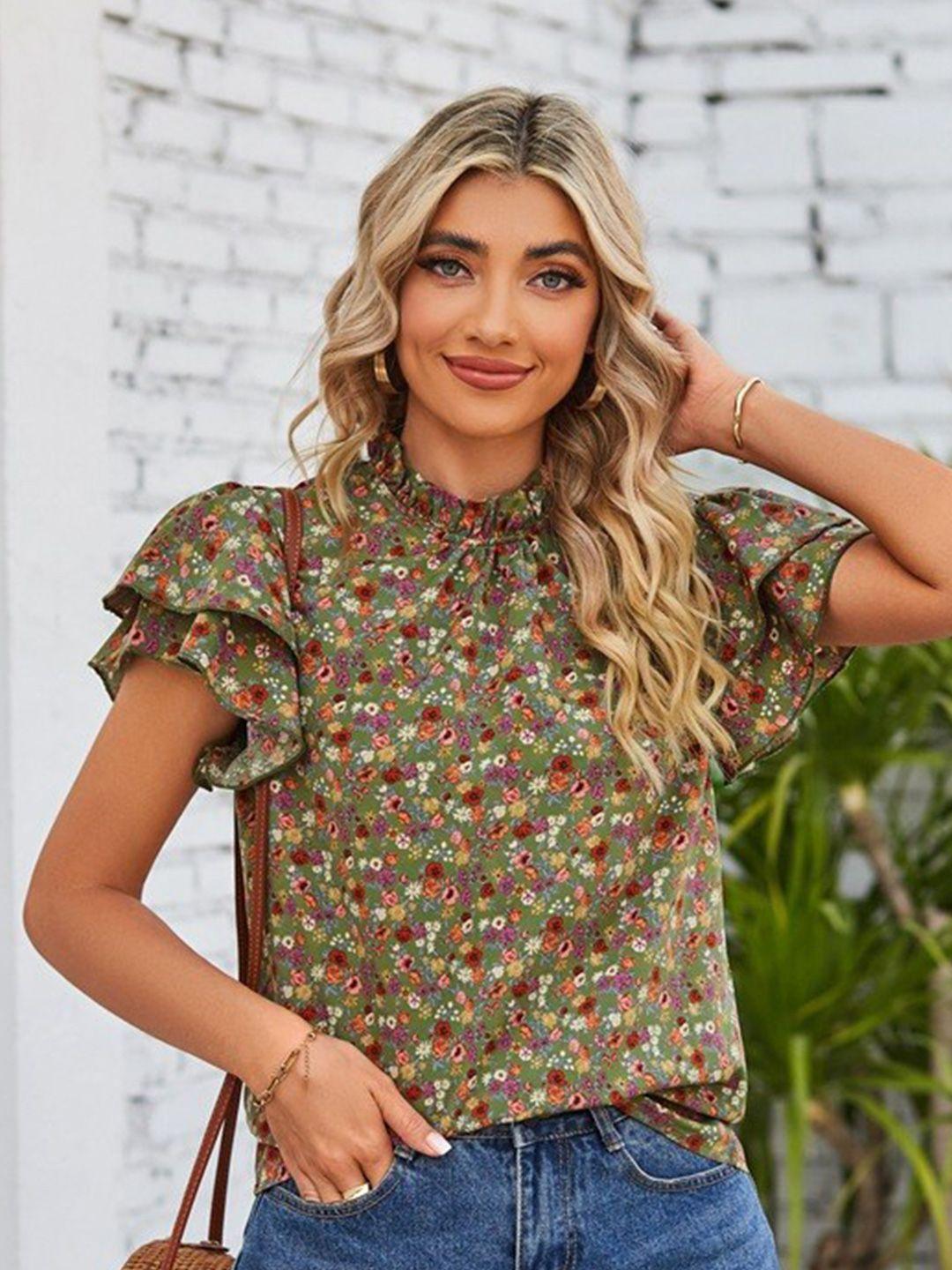 bostreet green floral printed flutter sleeves top