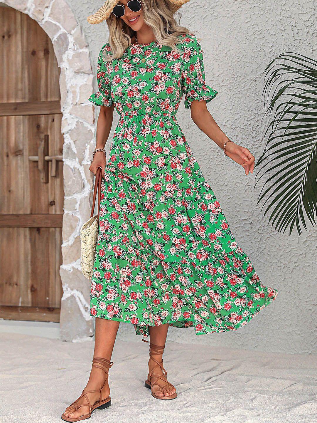 bostreet green floral printed puff sleeves tiered detailed fit & flare midi dress