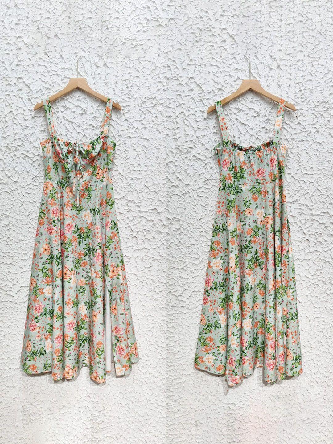 bostreet green floral printed shoulder strap sleeveless gathered fit & flare midi dress