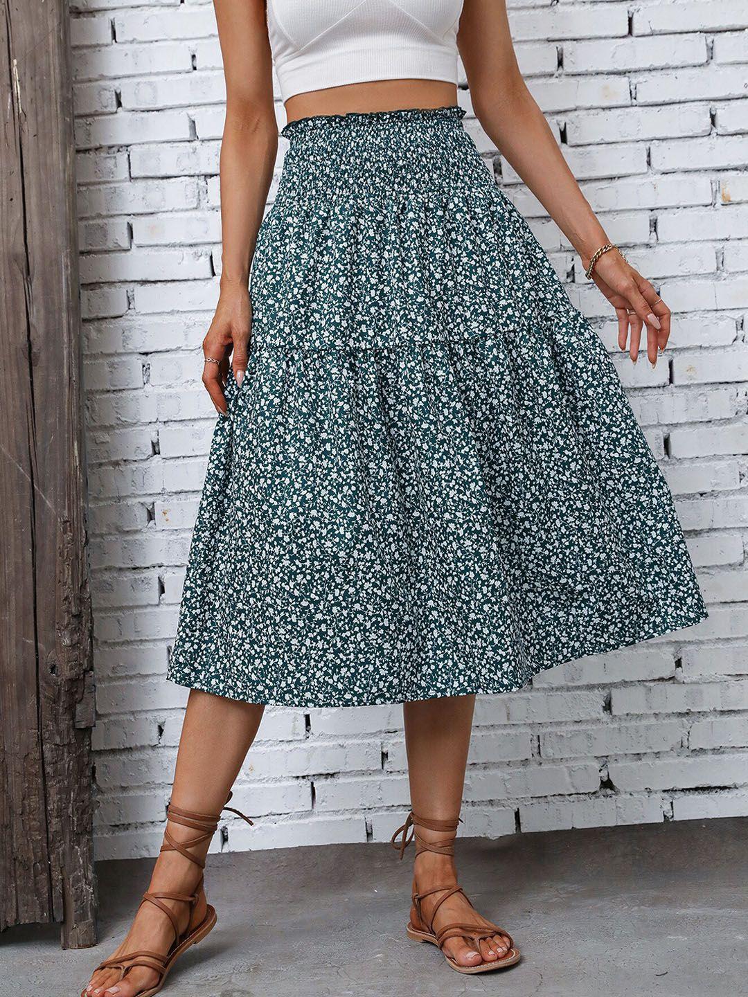 bostreet green floral printed tiered midi skirt