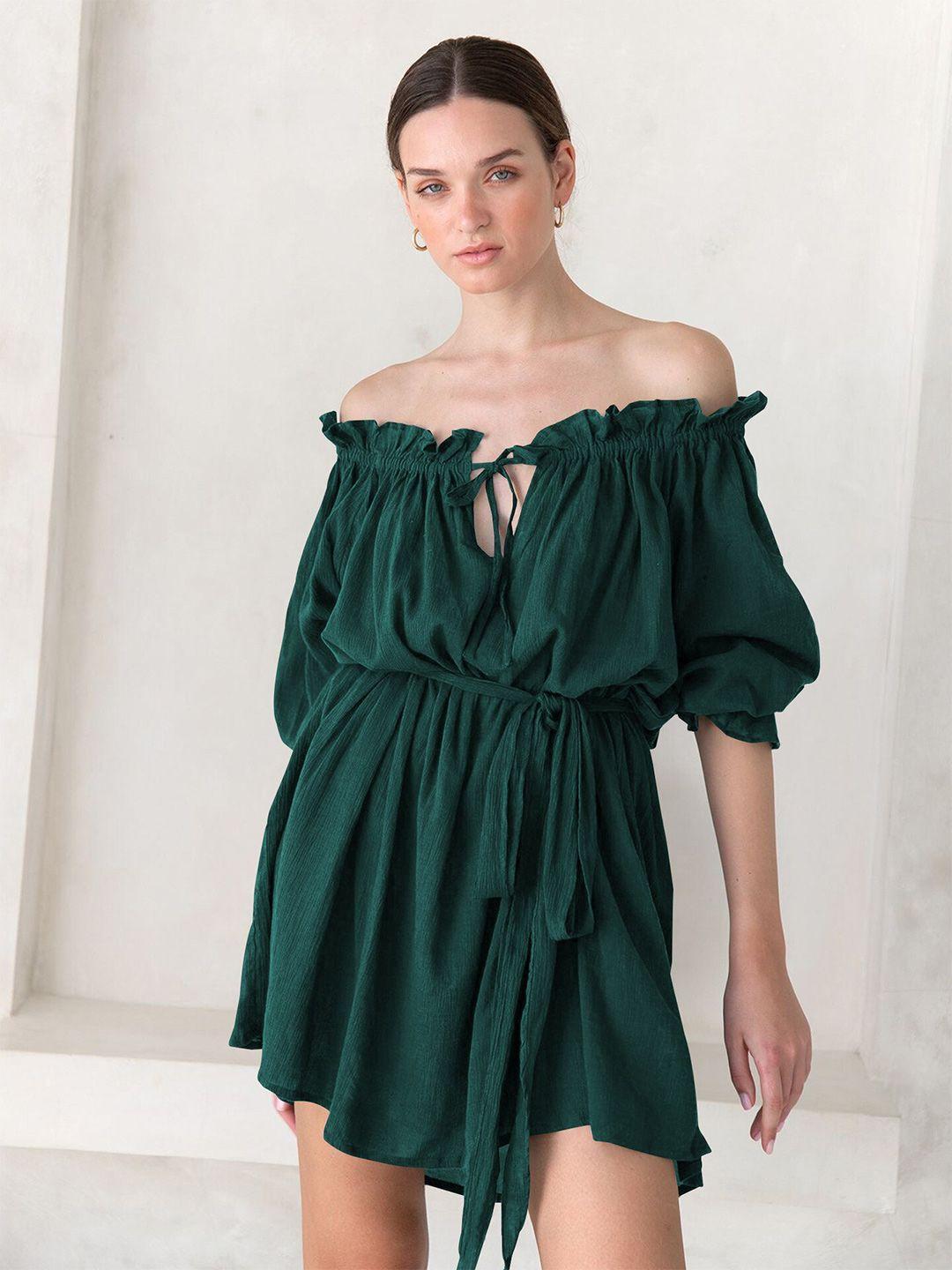 bostreet green off shoulder fit and flare dress
