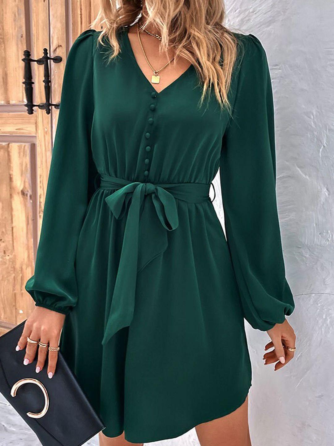 bostreet green puff sleeve fit & flare dress