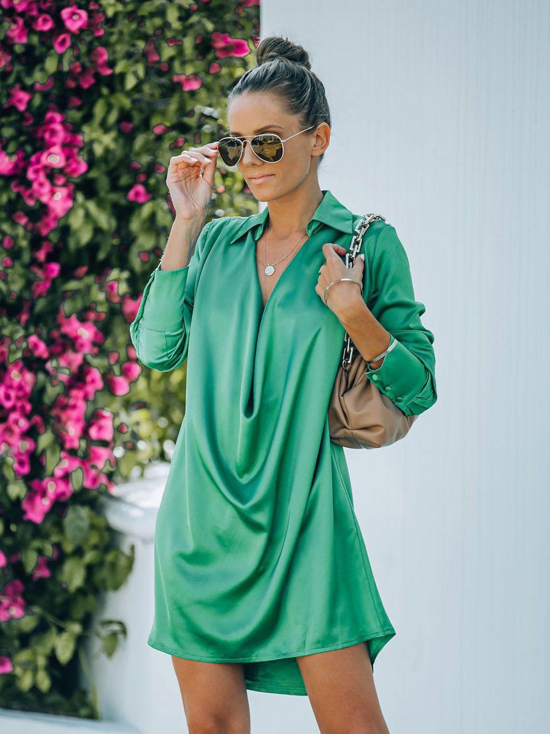 bostreet green shirt collar long sleeve shirt dress